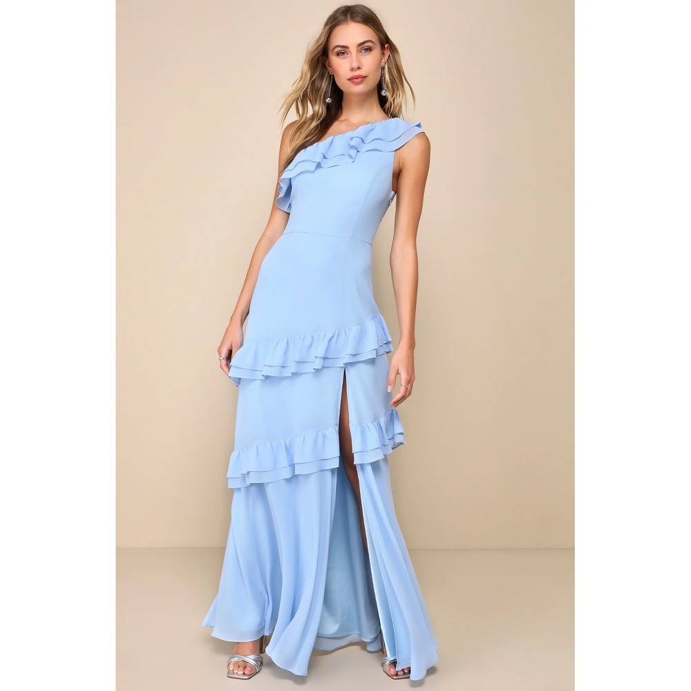 Lulu's Light Blue Ruffled One-Shoulder Maxi Dress